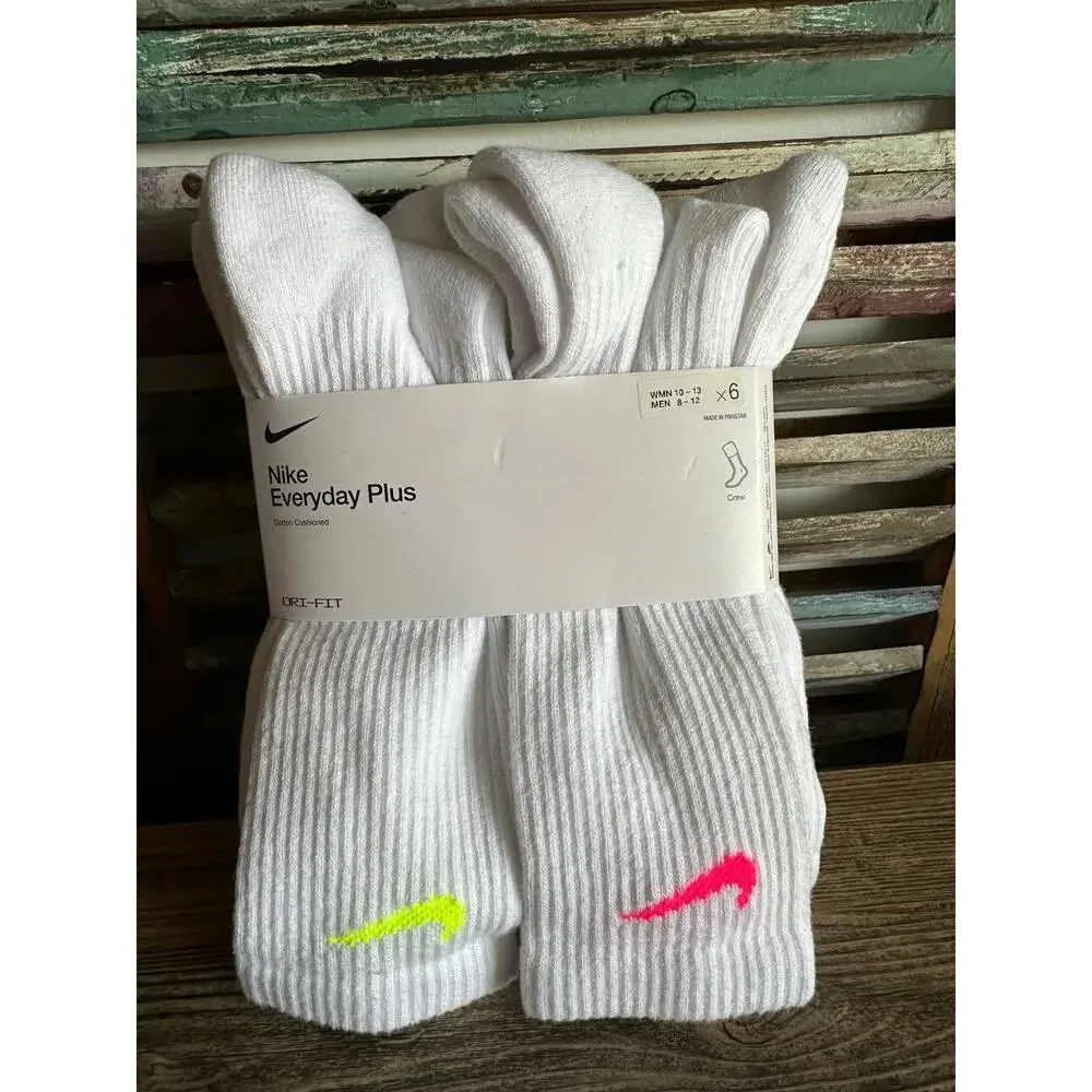 Nike Everday Plus 6 Pack White Crew Socks Cotton Cushioned